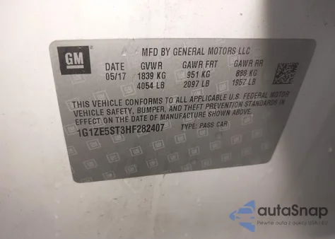 2017 Chevrolet Malibu 1Lt из США, поврежденный, VIN 1G1ZE5ST3HF282407